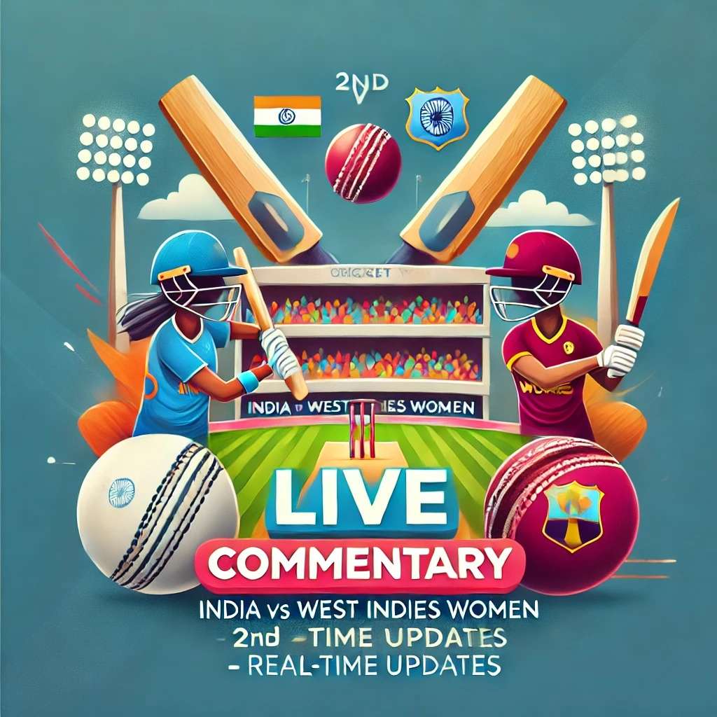 Live cricket match thumbnail for India Women vs West Indies Women, 2nd ODI at Kotambi Stadium, featuring real-time updates and commentary with vibrant cricket elements and team colors of India (blue) and West Indies (maroon).