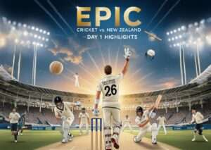 Thumbnail of England vs. New Zealand third Test match highlights featuring Tim Southee’s farewell moment, with a dramatic cricket stadium backdrop, action shots of players, and bold text reading 'Thrilling Test Match Highlights' and 'Day 1 Action.